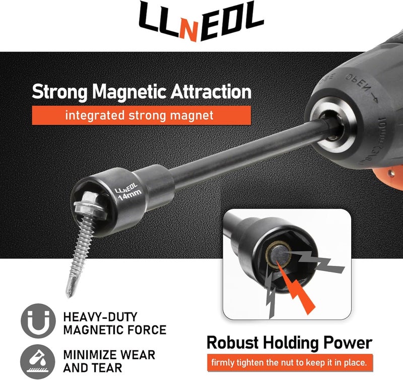 LLNEDL 1/4 inch Drive Socket Set & Nut Driver Set 44PCS, Metric Sockets Deep&Shallow (4-15mm) with Ratchet, 6" Magnetic Nut Drivers with 1/4" Hex Shank(6-14mm), Drill Bits (PH1/PH2) - Image 3